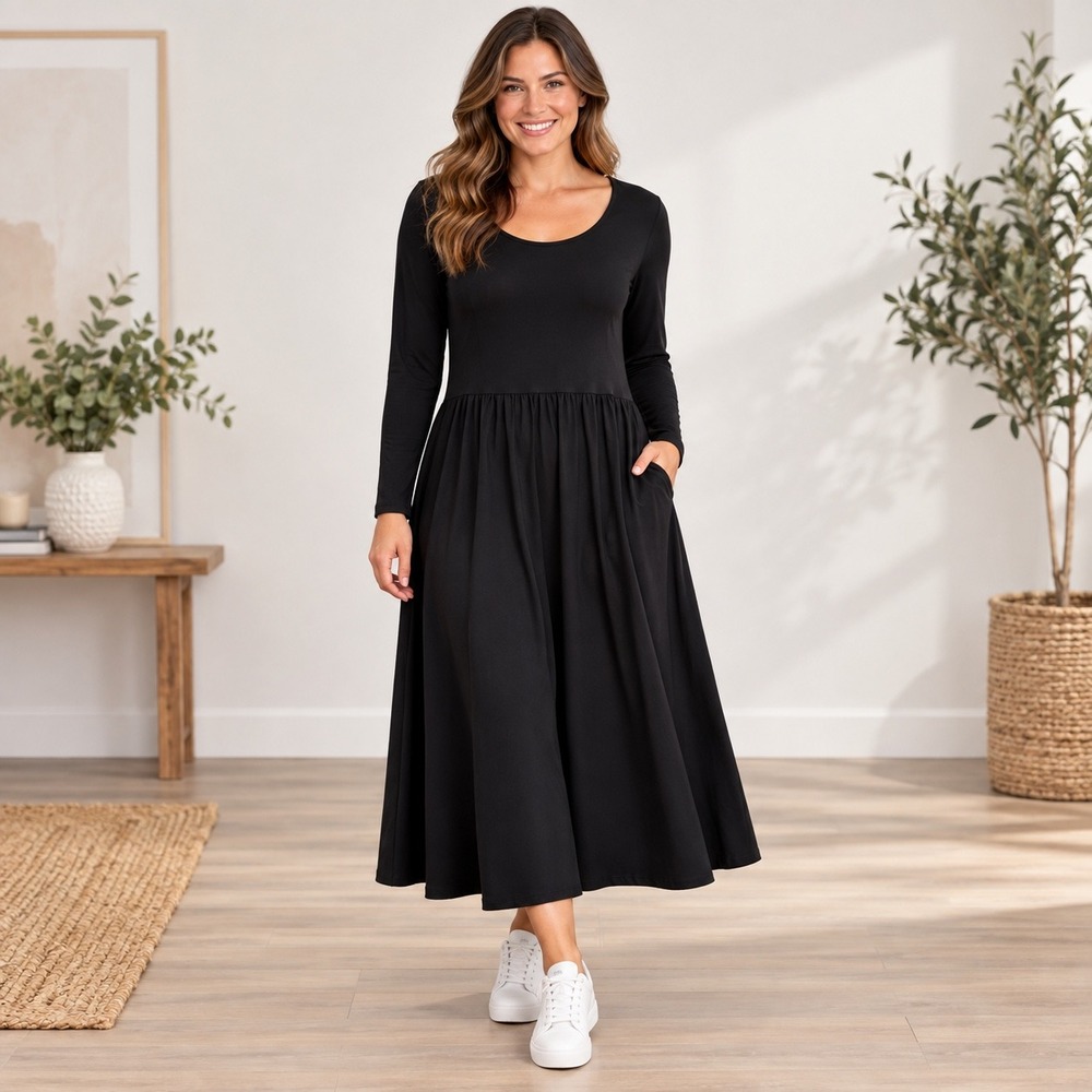 Ava & Viv NWT 1X Black Midi Dress Pockets Drop Waist Long Sleeve Lagenlook